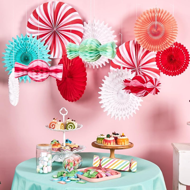 paper jazz 12pcs Candy Paper Fans Christmas Decoration,Candy Honeycomb Christmas Decorations,White and Red Xmas Decoration Wall/Ceiling for Classroom,Bulletin Board,Winterwonderland,Office Decor. - Image 3
